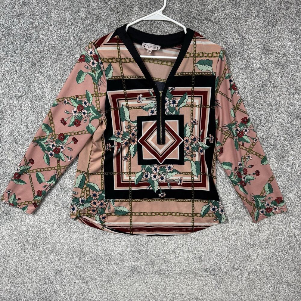 Nanette Lepore Blouse M Scarf Chain Floral Print Polished Casual Office Chic